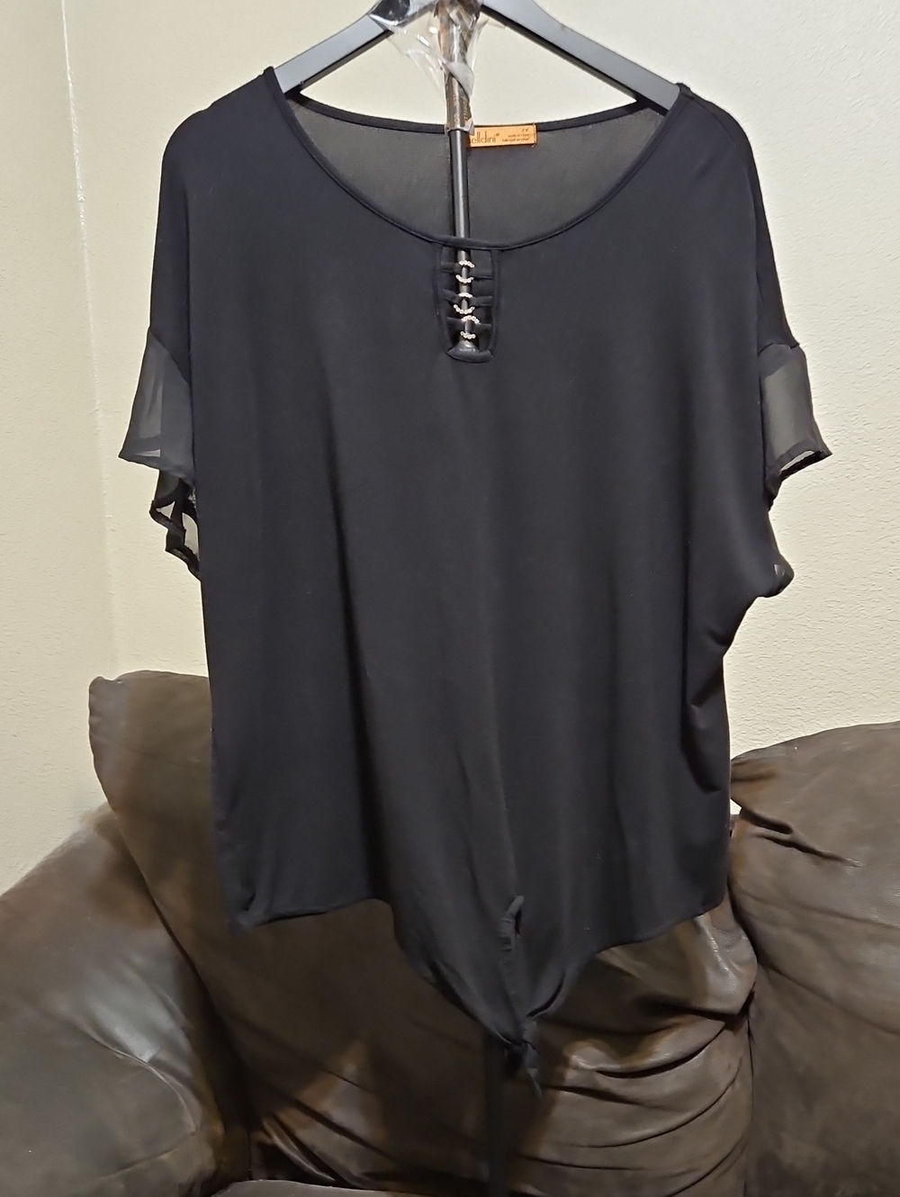 Belldini Black Short Sleeve Tie-Hem Blouse with Ring Detail